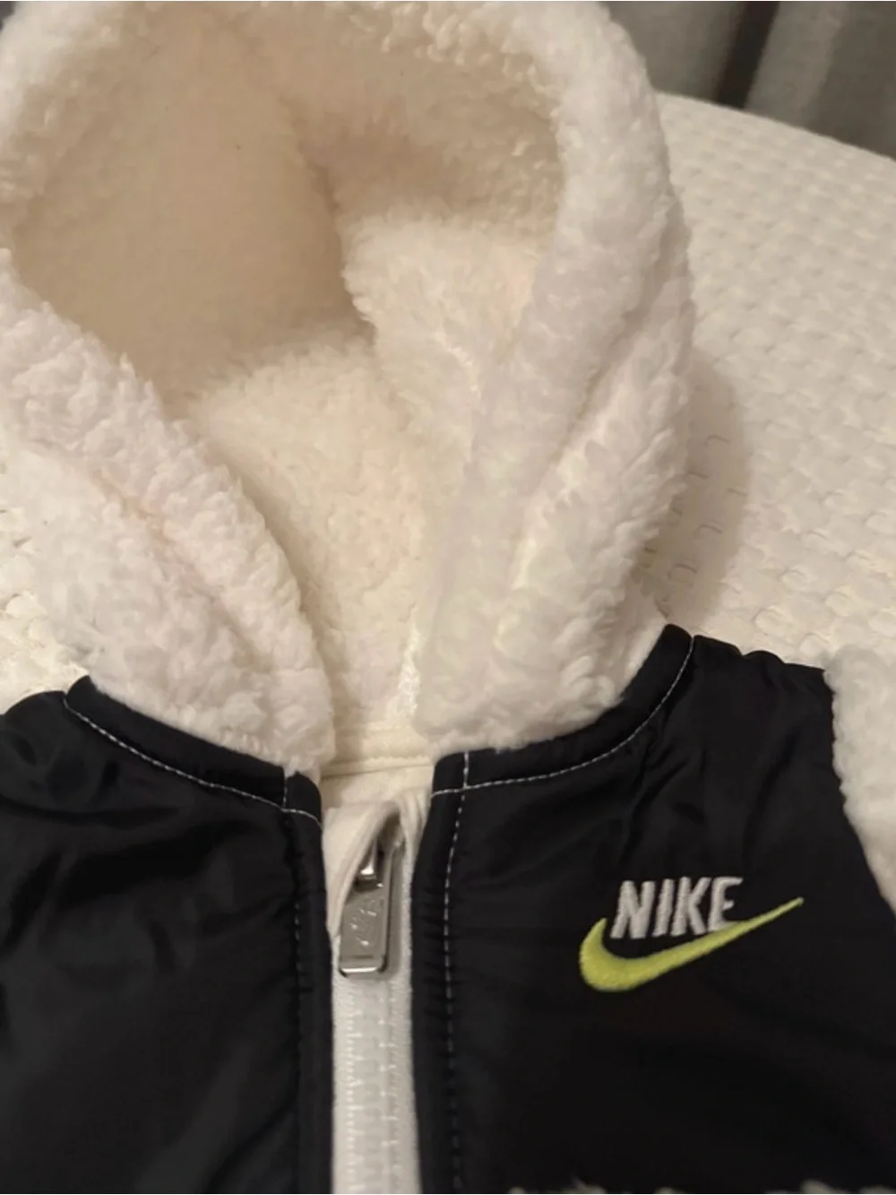 Nike White Fleece Hooded Baby One-Piece with Black Chest Panel